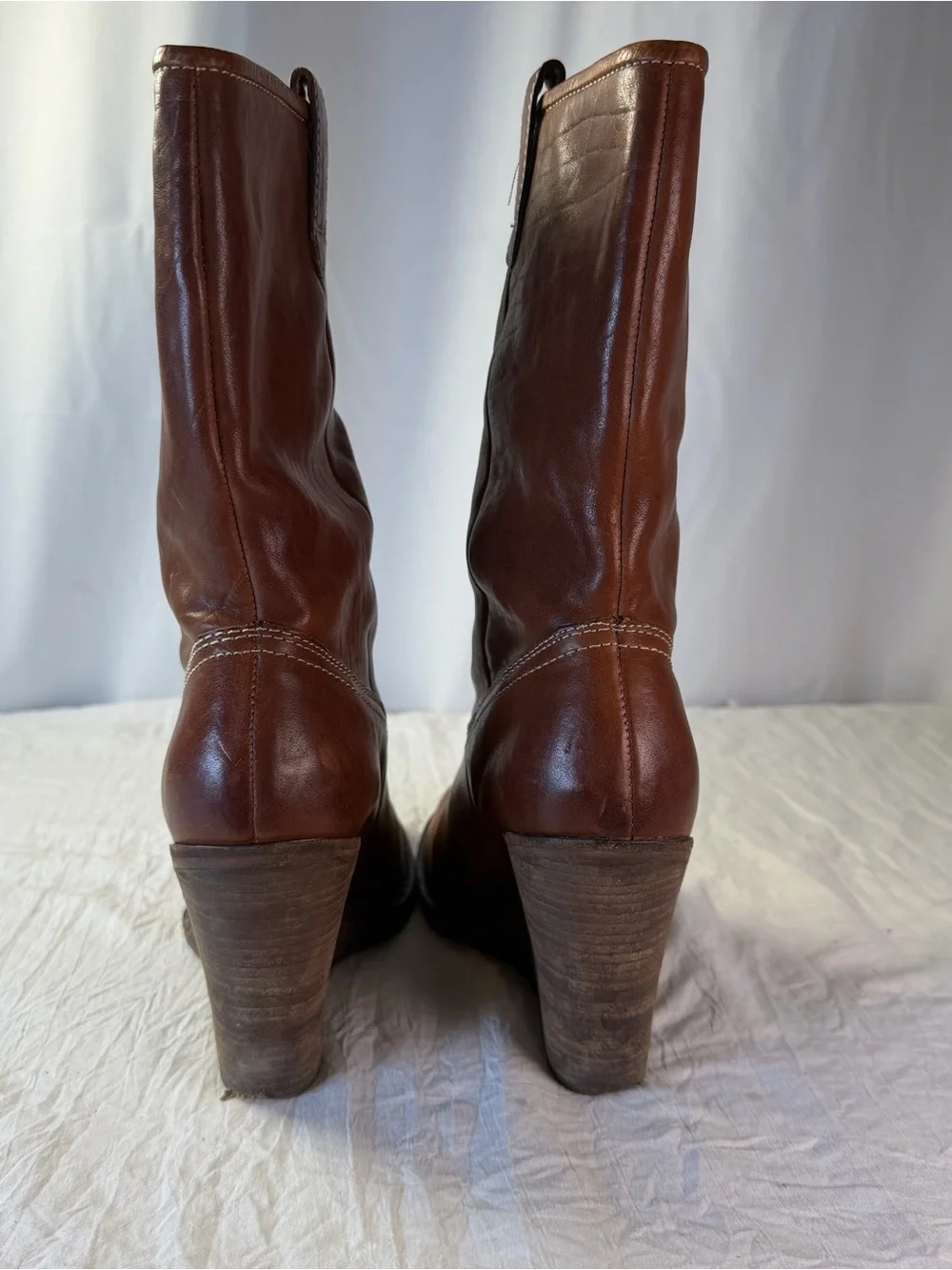 Frye Caroline sz9.5 Brown Leather Wooden Wedge Mid-Calf PullOnBoots Western